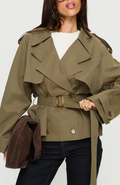 Princess Polly Eldora Double Breasted Belted Crop Trench Coat In Green