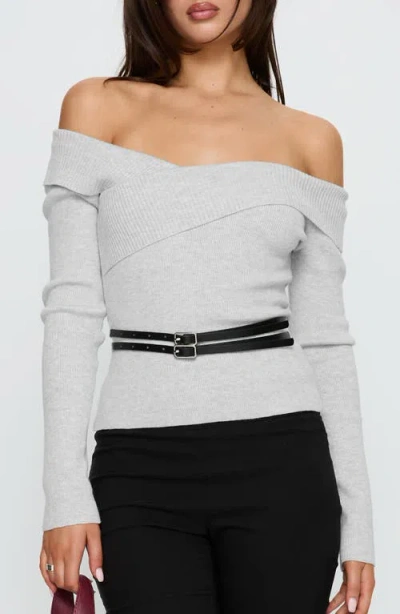 Princess Polly Ellenore Off The Shoulder Belted Sweater In Gray