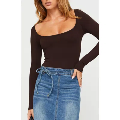 Princess Polly Ellery Wide Scoop Neck Long Sleeve Bodysuit In Brown