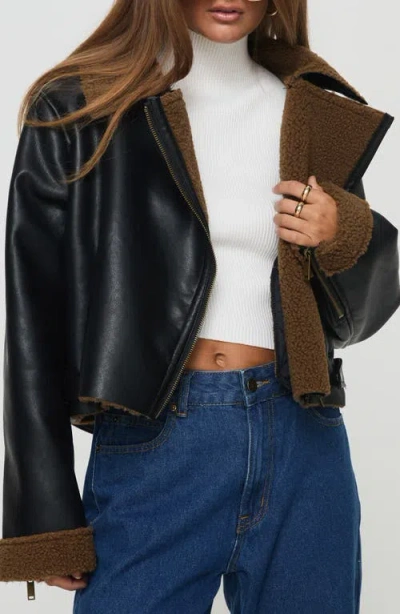 Princess Polly Faux Leather Crop Jacket With Faux Shearling Trim In Black