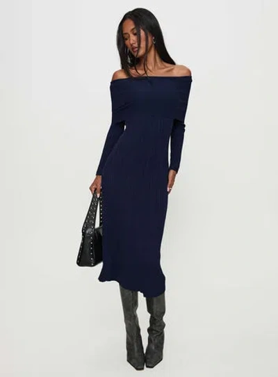 Princess Polly Flisse Long Sleeve Rib Maxi Dress In Navy