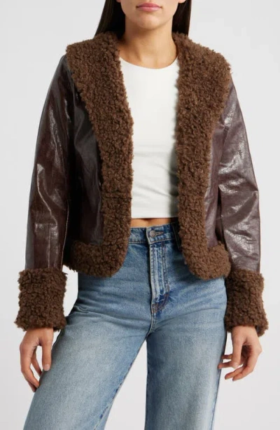 Princess Polly Found A Reason Faux Leather & Faux Shearling Trim Crop Jacket In Brown