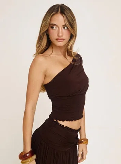 Princess Polly Full Orbit Asymmetric Shoulder Shirred Fitted Waist Top In Brown
