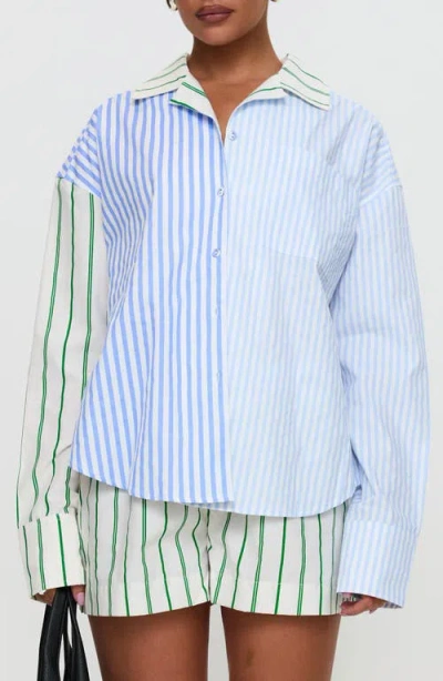 Princess Polly Get The Picture Mixed Stripe Recycled Cotton Button-up Shirt In Blue