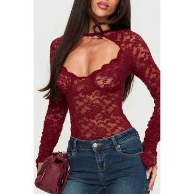 Princess Polly Giallo Long Sleeve Lace Bodysuit In Burgundy