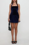 Princess Polly Gigli Bubble Hem Velvet Halter Minidress In Blue