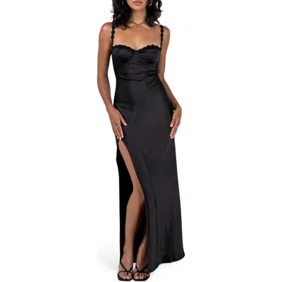 Princess Polly Floral Cami Strap Satin Thigh Split Maxi Dress In Black