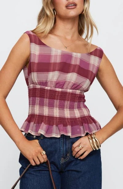 Princess Polly Honey Plaid Smocked Waist Peplum Top In Purple
