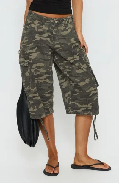 Princess Polly Hudsen Camo Longline Cargo Shorts In Green