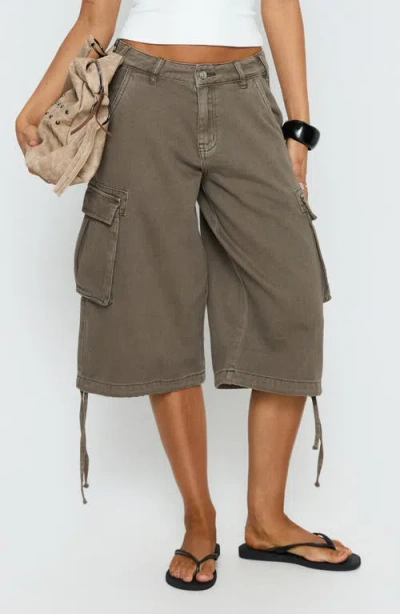 Princess Polly Hudsen Low Rise Longline Denim Cargo Shorts In Brown