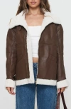 Princess Polly Jadu Faux Shearling Lined Faux Leather Jacket In Brown
