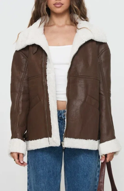 Princess Polly Jadu Faux Shearling Lined Faux Leather Jacket In Brown