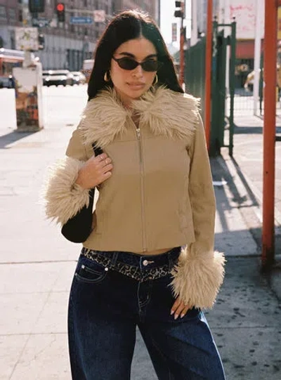 Princess Polly Jeanna Suede Faux Fur Detail Jacket In Beige