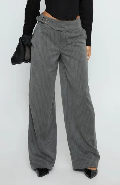 Princess Polly Jinny Pinstripe Buckle Waist Wide Leg Pants In Gray