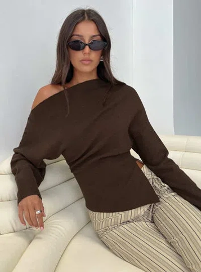 Princess Polly Kaelith Off Shoulder Knit Sweater In Brown