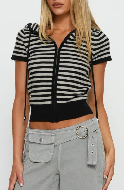 Princess Polly Kahlee Stripe Short Sleeve Zip Hoodie In Black