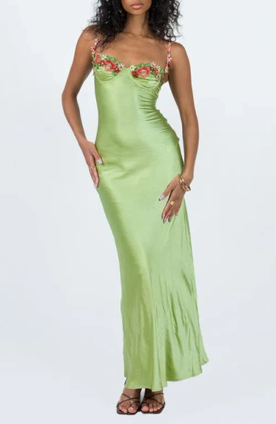Princess Polly Kenzie Floral Embroidered Satin Maxi Dress In Green