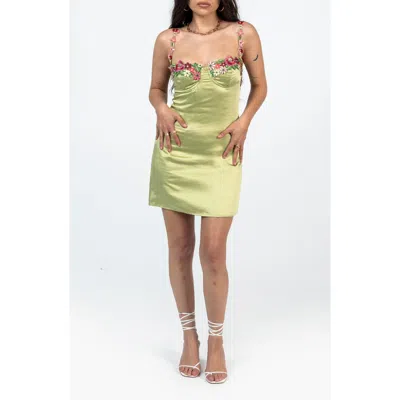 Princess Polly Kenzie Floral Embroidered Satin Minidress In Green