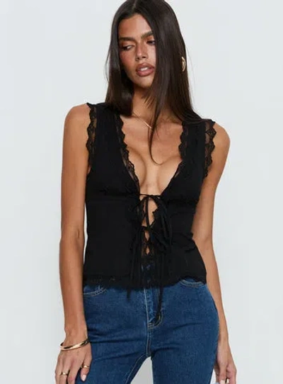 Princess Polly Kerena Lace Trim Tie Front Blouse Top In Black
