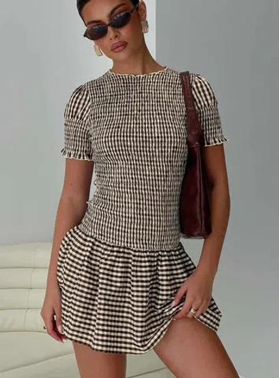 Princess Polly Laurita Shirred Mini Dress In Brown Check