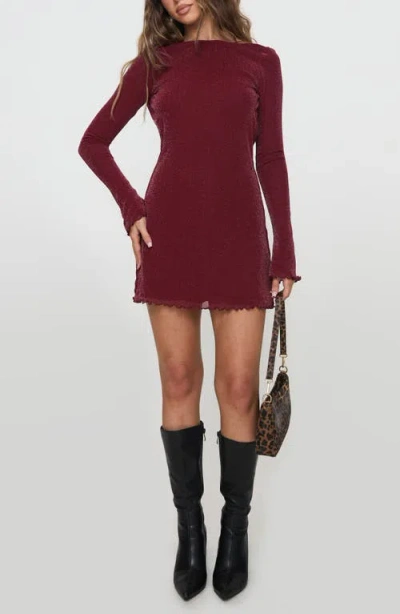 Princess Polly Leshner Shimmer Open Back Long Sleeve Minidress In Burgundy