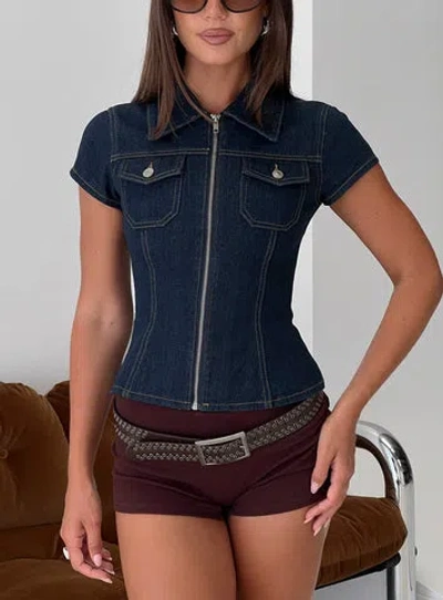 Princess Polly Liyana Denim Zip Up Short Sleeve Shirt Mid Blue