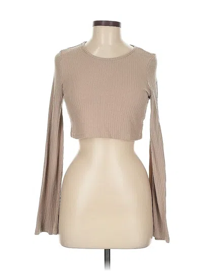 Pre-owned Princess Polly Long Sleeve Top Tan Cold Shoulder Neckline Tops In Brown