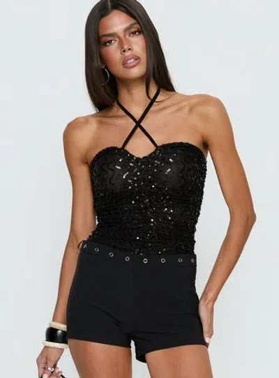 Princess Polly Lower Impact Edana Ruched Sequin Bodysuit In Black