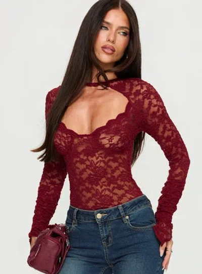 Princess Polly Lower Impact Giallo Long Sleeve Bodysuit In Burgundy
