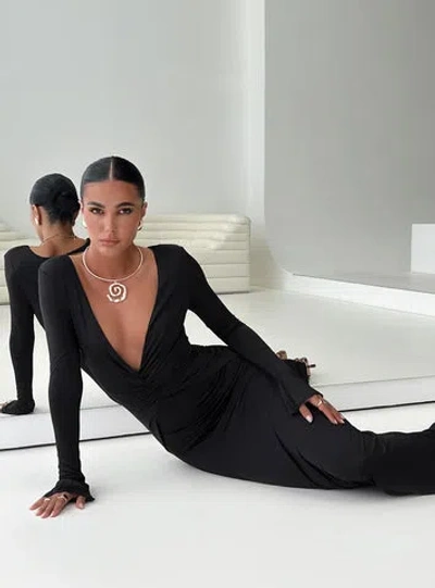 Princess Polly Lower Impact Lezure Plunge Long Sleeve Maxi Dress In Black