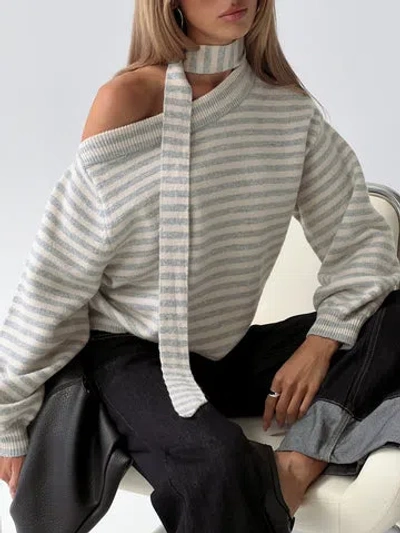 Princess Polly Lower Impact Ruthi Scarf Off Shoulder Knit Sweater In Gray