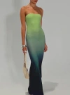 PRINCESS POLLY LOWER IMPACT STOLEN LOVE STRAPLESS MAXI DRESS BLUE / GREEN OMBRE