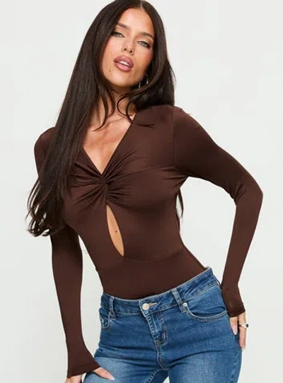 Princess Polly Lower Impact Vennie Twist Front Long Sleeve Bodysuit In Brown