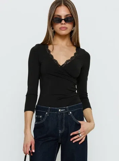 Princess Polly Lyselle Wrap Detail 3/4 Sleeve Bodysuit In Black