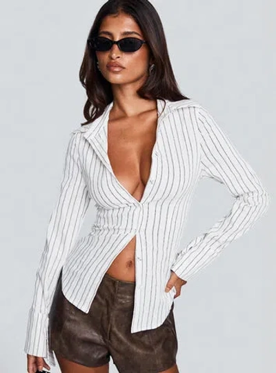 Princess Polly Madlin Long Sleeve Top Beige Stripe In White Stripe