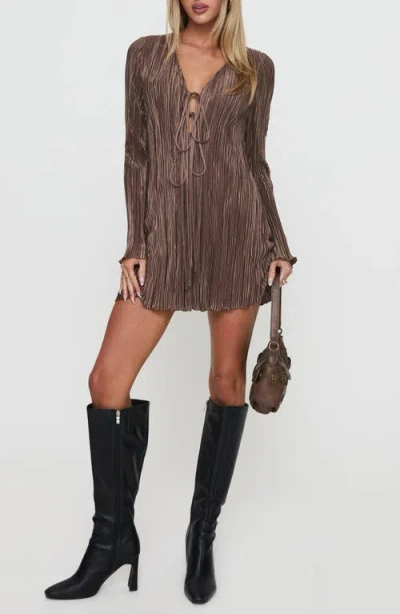 Princess Polly Malop Long Sleeve Plissé Minidress In Brown