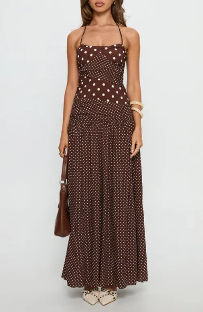 Princess Polly Marguerite Contrast Panel Halterneck Drop Waist Maxi Dress In Brown