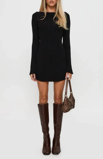 Princess Polly Mayok Open Back Long Sleeve Rib Minidress In Black