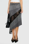 Princess Polly Midnight Memories Mixed Polka Dot & Lace Asymmetric Midi Skirt In Black