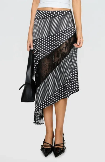 Princess Polly Midnight Memories Mixed Polka Dot & Lace Asymmetric Midi Skirt In Black
