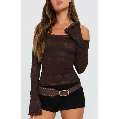 Princess Polly Mochapella Lace Bardot Flare Sleeve Top In Brown