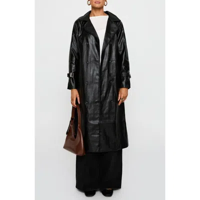 Princess Polly Montanna Double Breasted Belted Faux Leather Trench Coat In Black