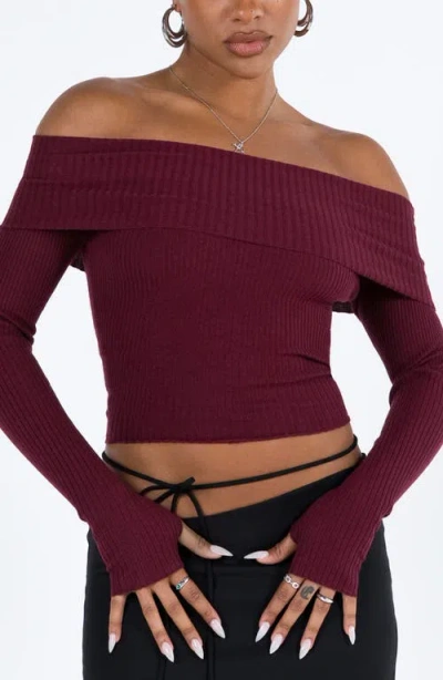 Princess Polly Morley Foldover Off The Shoulder Rib Sweater In Dark Red