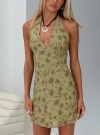 PRINCESS POLLY MYSTERIE HALTER MINI DRESS GREEN / FLORAL