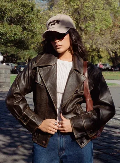 Princess Polly Nicolie Faux Leather Jacket Vintage In Washed Brown