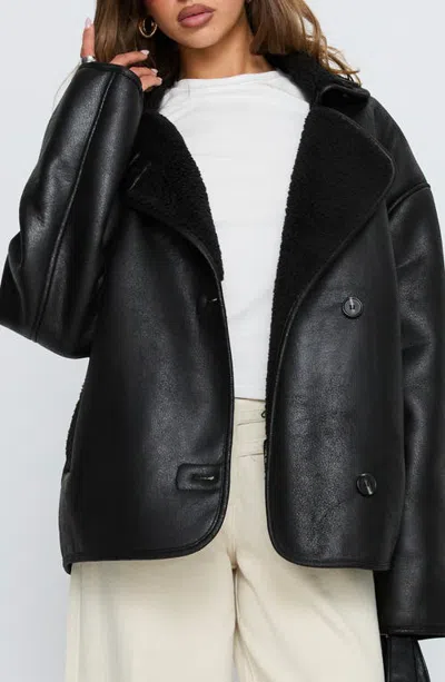 Princess Polly Nunez Faux Shearling Lined Faux Leather Jacket In Black