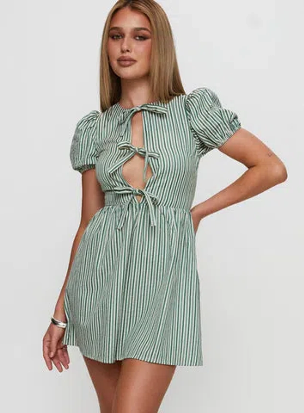 Princess Polly Nurture Bow Mini Dress In Green Stripe | ModeSens