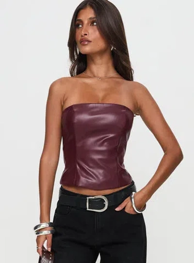 Princess Polly Oaklee Strapless Faux Leather Top In Burgundy