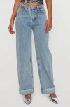 Princess Polly Ollie Cuffed Raw Hem Straight Leg Jeans In Blue