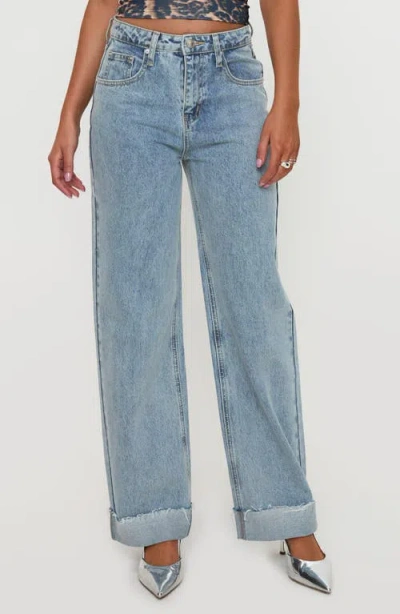 Princess Polly Ollie Cuffed Raw Hem Straight Leg Jeans In Blue
